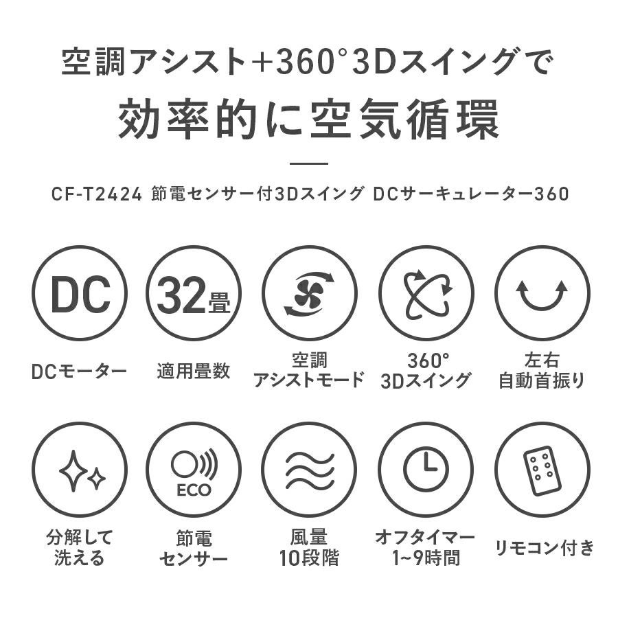 新品未開封DCサーキュレーター節電センサー付 3Dスイング 360°首振32畳 CF-T2424 節電センサー付3Dスイング DCサーキュレーター360 | THREEUP